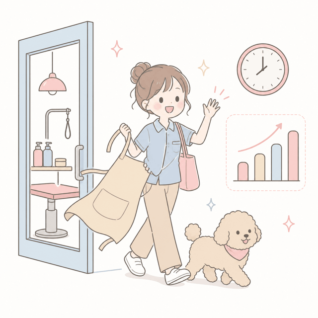 定時に退勤して愛犬と過ごすトリマーのイラスト