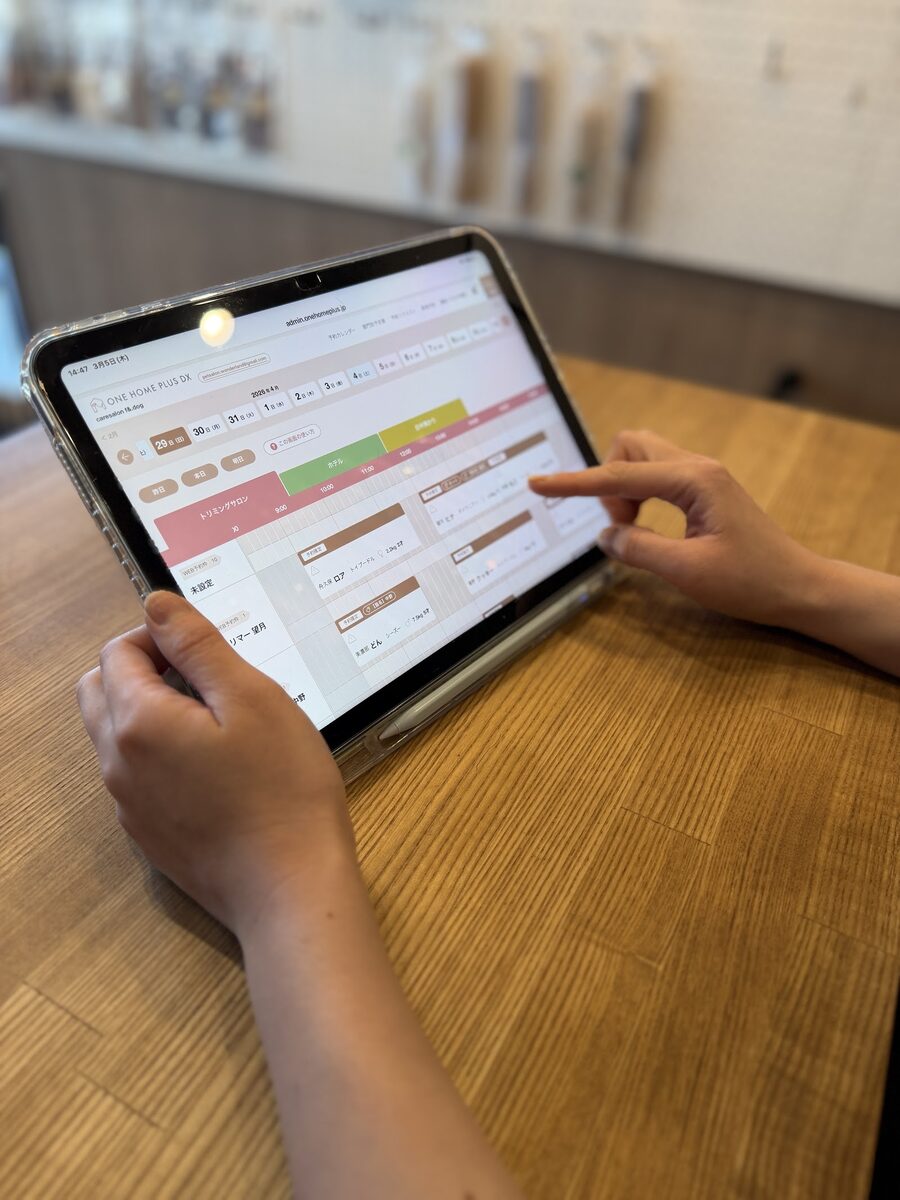 スタッフがタブレットでUNIPETの予約状況を確認